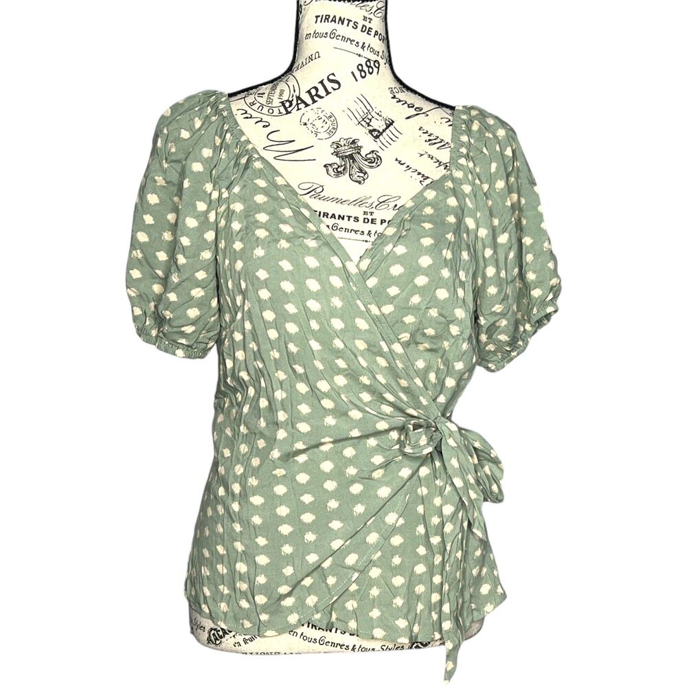 Madison & Berkeley SMALL Patterned Puff Sleeve Front Wrap Tie Top Blouse